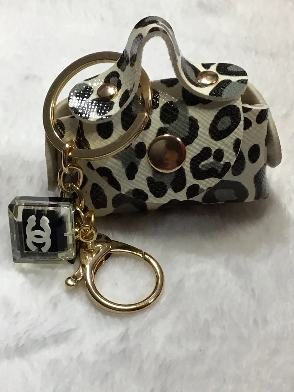 Leopard Print Mini Purse Keychain - Gold Hardware